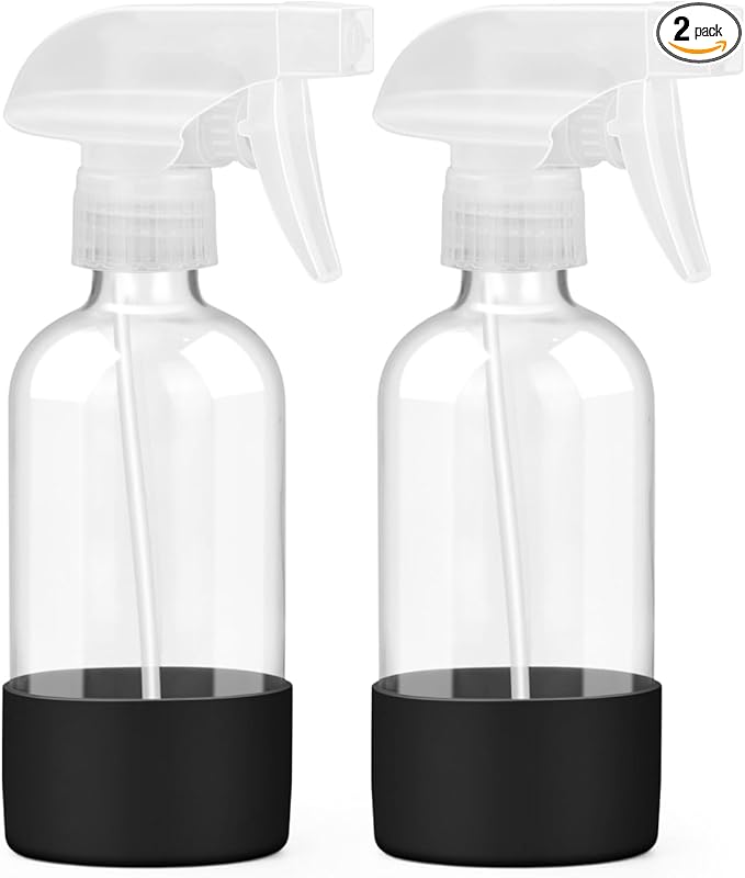 Worldgsb 2 Pack Glass Spray Bottles 8 oz, Empty Refillable Containers with Silicone Sleeve Protection, Glass Spray Bottles for Cleaning Solutions, Hair and Plants with Adjustable Nozzles Black