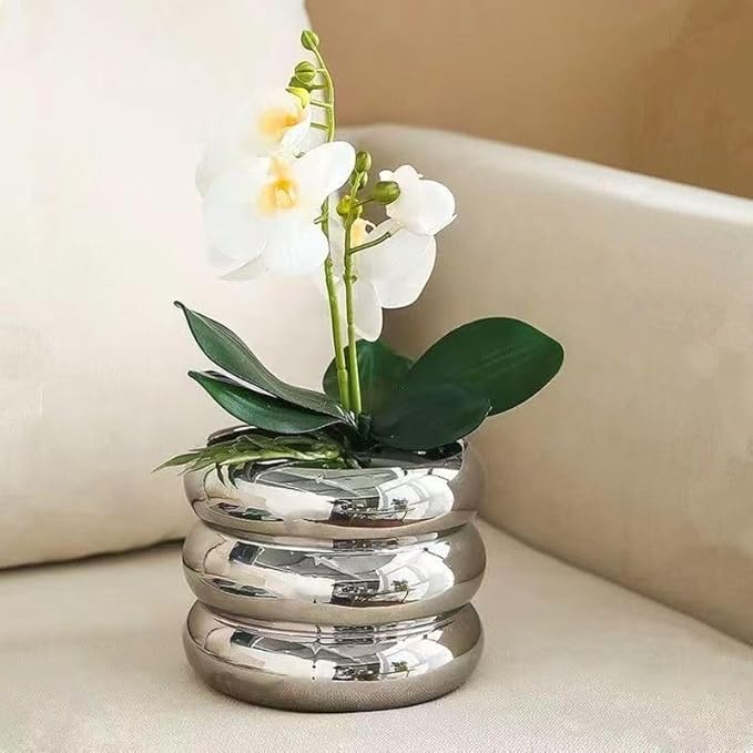 Ceramic Plant Pot Indoor, 6.5 Inch Flower Pot with Drainage Hole, Tiered Bubble Design Ceramic Planter for Home & Office Decor (Silver)