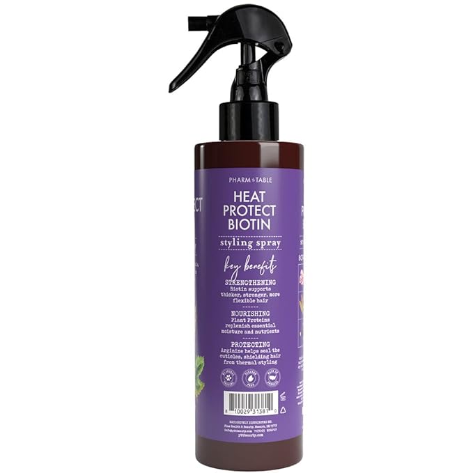 PHARM TO TABLE Heat Protect Biotin Spray - Vitamin B7 Formula Shields Hair up to 450F from Styling Tools, 240ml/8 fl oz