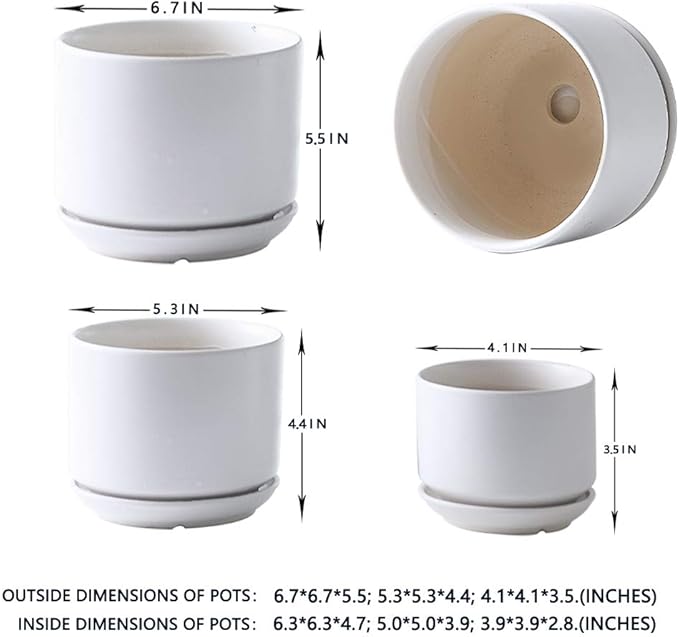Yishang Succulent Plant Pots,6.7+5.3+4.1 in Glazed Ceramic Planters with Connected Saucers, Round Modern Ceramic Flower pots - Small to Large Sized Plant pots for All House Plants(Matte White)