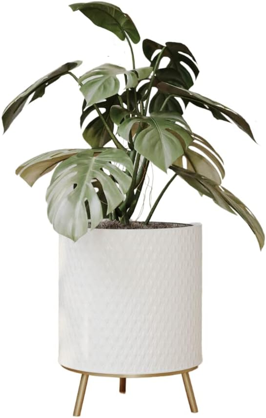 EverNest Claire Honeycomb Neutral Modern White Planter with Nyra Stand, Indoor Plant Pots, SelectBase, Mid-Century Modern, Boho Style Home Decor for Plants (Small, Gold)