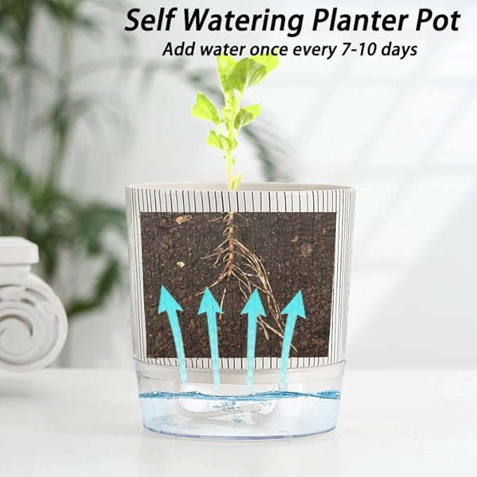 3 Pack 4.3+5.5+6.3 Inch Self Watering Pots Set, Self Watering Planter with Reservoir and Wick Rope for Indoor/Outdoor Plants, Modern Houseplants Pots for African Violets,Cactus,Succulents