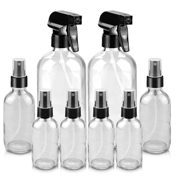 Worldgsb Glass Spray Bottles, 16oz*2+4oz*2+2oz*4 Refillable Containers, Empty Boston Round Bottles with Adjustable Nozzle for Cleaning, Gardening, Aromatherapy, Pets, Plant, Hair - Clear