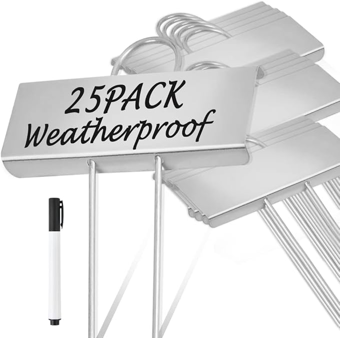 BUYGOO 25Pack Metal Plant Labels, Weatherproof Garden Markers with a Pen, Reusable Outdoor Garden Markers Tags for Plants Vegetables Herb Seedlings Flowers Height 10.7 Inch, Label Area 3.5'' x 1.4''