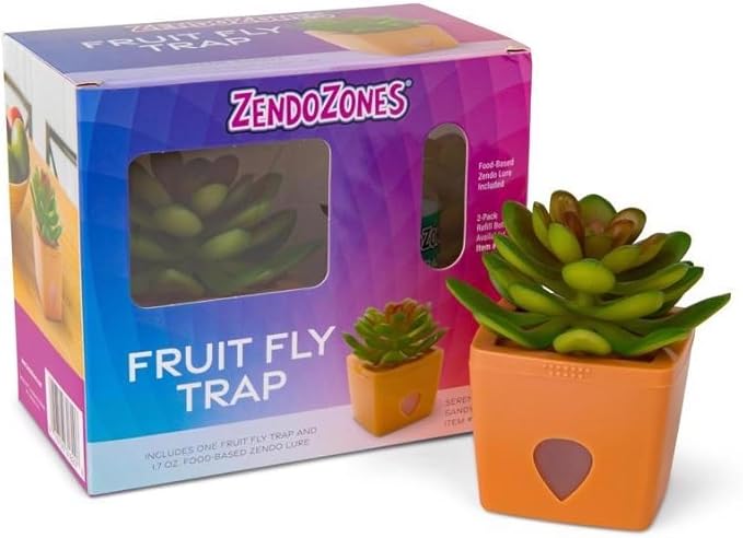 ZendoZones Fruit Fly Traps with Zendo Lure, 2-Pack Joyful Janet & Tranquil Tabitha with Plastic White Base, Refillable and Reusable (1820-SS)