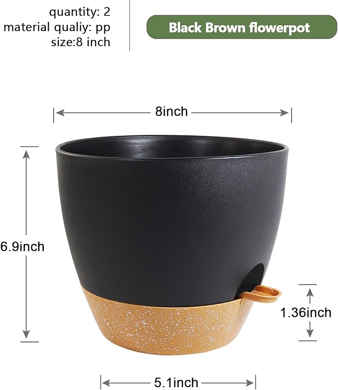 WSMKSZ 8 inch Self Watering Pots, 2 Pack Plastic Planters with Mesh Drainage Holes for Garden Plants and Flower, Plants Pots with Deep Reservoir for Indoor Outdoor Plants, Black with Brown