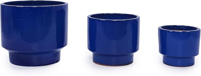 3-Piece Ceramic Flowerpot Set Modern Glossy Planters Elevated Base Drainage Hole Airflow Promoting Round Pots Succulents Flowers Patio Windowsill Frost Heat Weather Resistant (Antique Blue Green)