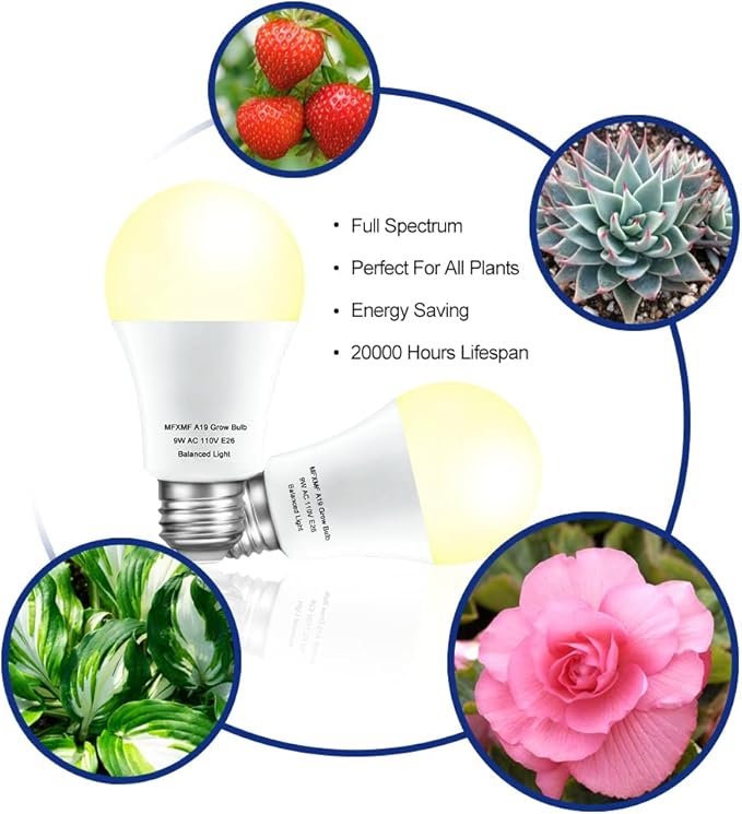 6 Pack LED Grow Light Bulbs A19 Bulb, Full Spectrum Plant Light Bulb, 9W E26 Grow Bulb Replace up to 80W, Grow Light for Indoor Plants, Flowers, Greenhouse, Indore Garden, Hydroponic