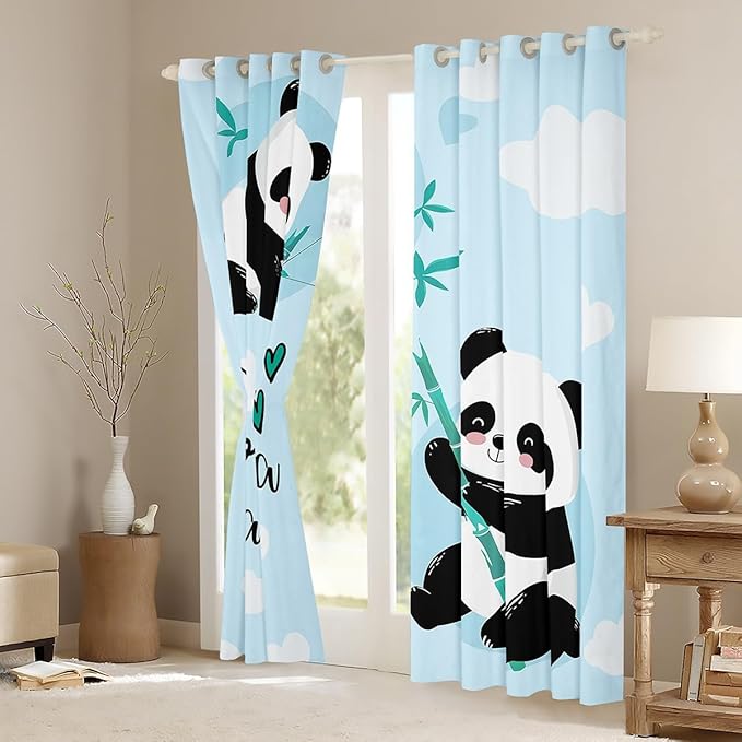 Feelyou Cute Panda Window Curtains Bedroom Living Room Cartoon Panda Curtains Kids Room Decor Boys Girls Animal Theme Window Drapes Kawaii Animal Window Treatments Blue 38W X 54L，2 Panels