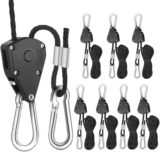 Winterworm 4 Pairs 1/8 Inch Adjustable Heavy Duty Ratchet Hanger Grow Light Fixtures Rope Clip Hangers Hanging Ropes for Gardening Grow Plant Fan Reflectors Filter Tent,150lbs Weight Capacity