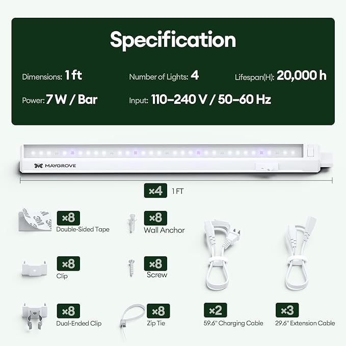 Maygrove Plant Grow Light 1ft, Tunable Full Spectrum LED Grow Light Strips 28W (4 x 7W), T5 Growing Lamp for Indoor Plants, Greenhouse, High PPFD, 4-Pack