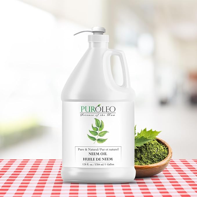 PUROLEO NEEM Oil 128 Fl Oz/3784 ML (Packed in Canada) 100% Pure and Natural Neem Oil for Multipurpose Use | Neem Oil extracted from NEEM Plante Chemical Free Neem Oil Spray