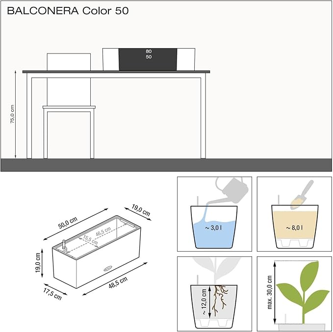 Lechuza BALCONERA Color 50 Pastel Green, Self-Watering Window Box (Railing Planter), H7.5 L19.7 W7.5 in