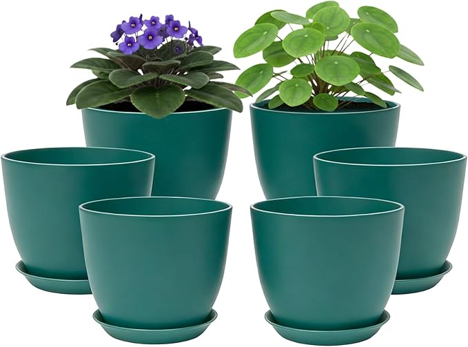 Vanslogreen Plant Pots 8 Inch Set of 6, Flower Pots with Drainage Holes and Saucer, Plastic Garden Planters for Indoor & Outdoor Plants (Deep Green)