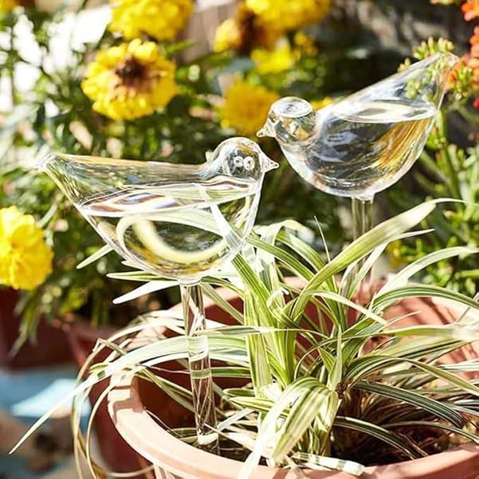 Plant Watering Globes with Bird Design, Self-Watering Bulbs for Plants, Crystal Clear, 3 Pack