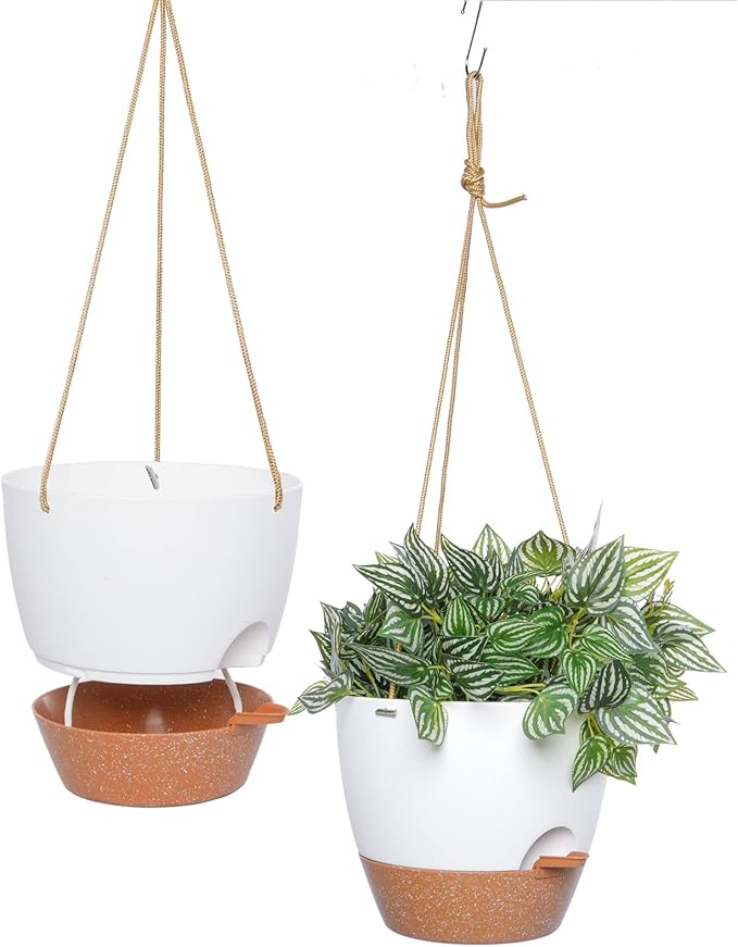 SwinDuck 8 inch Hanging Planters, 2 Pack Self Watering Hanging Pots with 20oZ Deep Reservoir for Indoor Outdoor Plants Flowers, White with Brown
