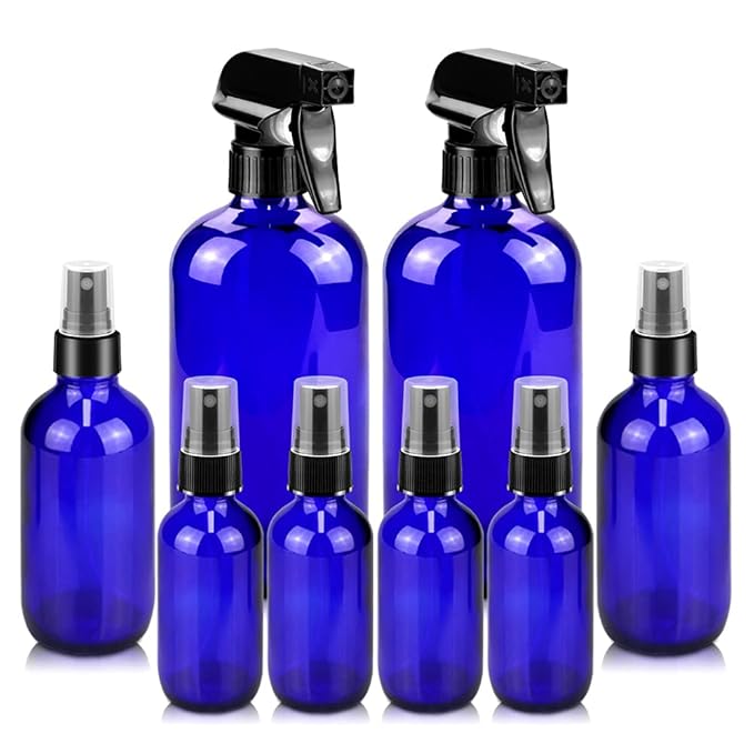 Worldgsb Glass Spray Bottles, 16oz*2+4oz*2+2oz*4 Refillable Containers, Empty Boston Round Bottles with Adjustable Nozzle for Cleaning, Gardening, Aromatherapy, Pets, Plant, Hair - Blue
