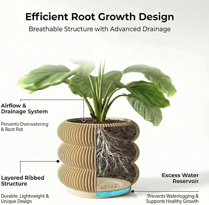 Fabix 4.7/6" 3D Printed Plant Pots - Unique Bubble Ring Modern Planters for Indoor Plants, Durable -Friendly PLA Flower Pots with Drainage for Succulents, Cactus, Home Office Décor. (Wood)