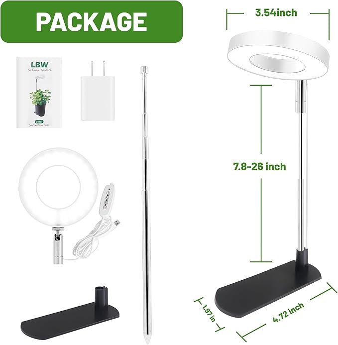 LBW Grow Light for Indoor Plants, Full Spectrum Plant Light with Base, Height Adjustable Plant Growing Lamp with Auto On/Off Timer 6/8/12/16H, 3 Colors,5 Dimmable Brightness, for Small Plants, White