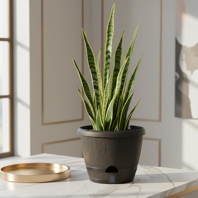 SUN-E 10 Inch Self Watering Planter Pots 3Pack-Dark Brown Realistic Wood Grain with Water Level Indicator, Drainage Holes&Saucer Whiskey Barrel Planters Plastic Flower Pots,Plants & Decor Not Included