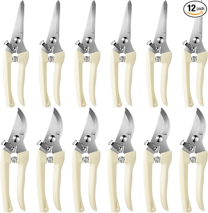 Therwen 12 Pcs Garden Shears Flower Scissors Pruning Shears Floral Garden Clippers Hand Pruners Branch Cutter Gardening Tools for Plants Cutting, Trimming, Fruits Picking (Beige,Bypass, Straight)