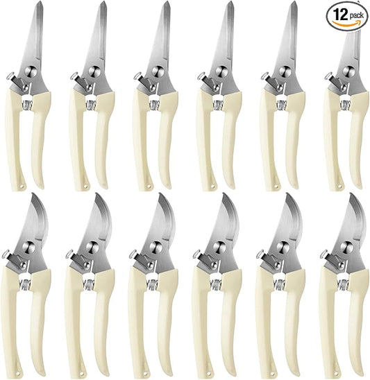 Therwen 12 Pcs Garden Shears Flower Scissors Pruning Shears Floral Garden Clippers Hand Pruners Branch Cutter Gardening Tools for Plants Cutting, Trimming, Fruits Picking (Beige,Bypass, Straight)