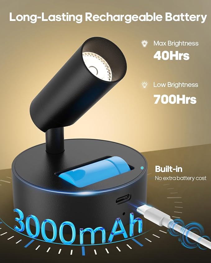 GOODEA Spotlights Indoor with Remote, 3000mAh Rechargeable Battery Plant Spotlight Indoor, Wireless Uplighting with 3 Colors & Dimmable, LED Picture Light for Painting, Artwork Accent Lighting(1 Pack)