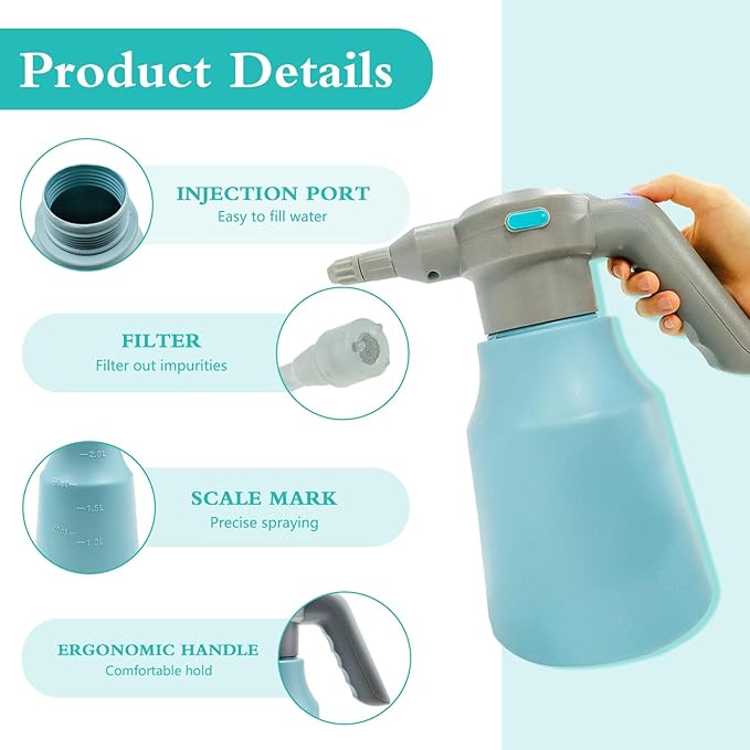 Electric Plant Spray Bottle, 0.5 Gallon Battery Powered Garden Sprayer with Adjustable Nozzle and Extended Wand, Portable USB Rechargeable Water Sprayer in Lawn and Garden for Gardening, Cleaning