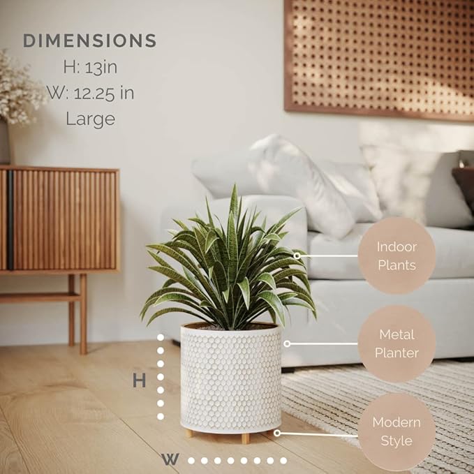 EverNest Honeycomb Gold and White Planter with Wooden Peg Leg Stand, 12-Inch Plant Pot, SelectBase, Mid-Century Modern, Indoor Home Decor Planters (Large, 3 Gallon)