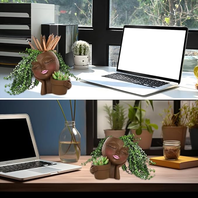 Lady Face Resin Planter Pot - Dual Planting Spaces & Drainage Holes, Indoor/Outdoor Decor for Succulents/Cactus - Unique Gift for Plant Lovers (Brown)