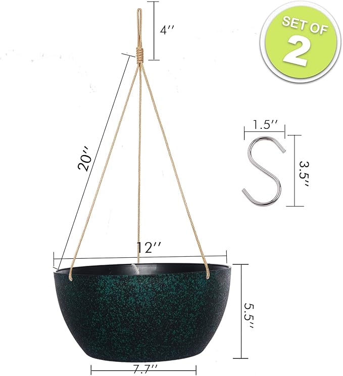 SwinDuck 12 Inch 2 Pack Large Hanging Planters for Indoor Outdoor Plants, Plastic Hanging Basket Pots for House Plants Flowers, Black Speckles
