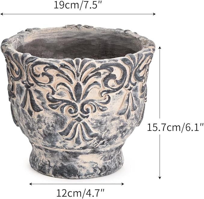 Sungmor 7.3 Inch Cement Plant Pot for Plants, Succulent Planter with Embossed Design, Vintage Concrete Flowerpots with Drainage Hole, Decorative Orchid Houseplant Pot Indoor Outdoor Plant Container