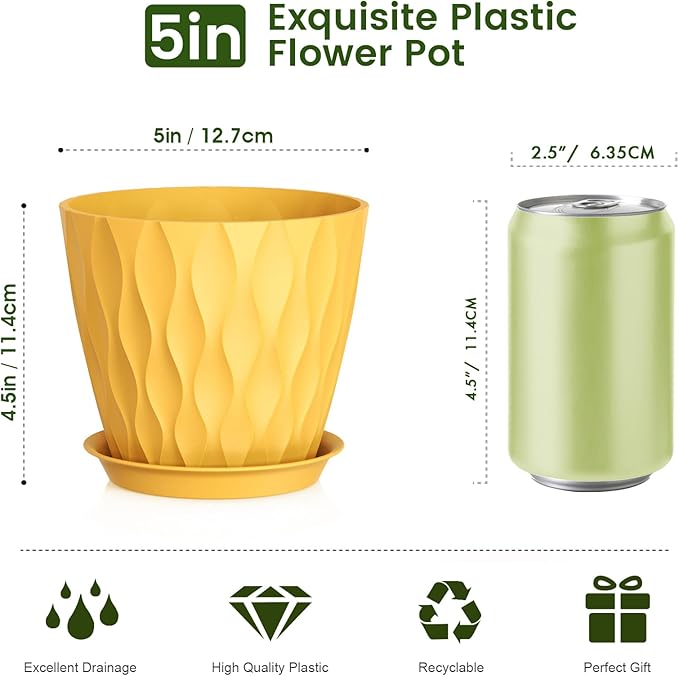 Meowell 5 inch Plant Pots for Indoor Outdoor Plants, 6 Pack Thick Nursery Pots with Drainage Holes and Saucers, 3D Modern Wave Texture Small Plastic Planter Flower Pots, Multicolor