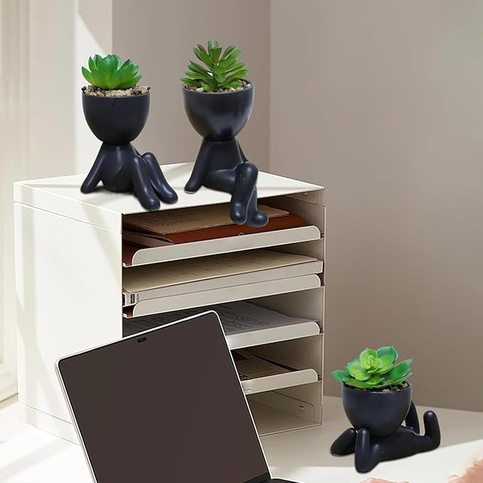 Zerzsy 3 PCS Cute Artificial Succulent Plants with Creative Ceramics Human Shaped Pots, Mini Potted Plants Black Bathroom Fakeplants, Faux Succulent Desk Decor for Home Office Shelf Decor