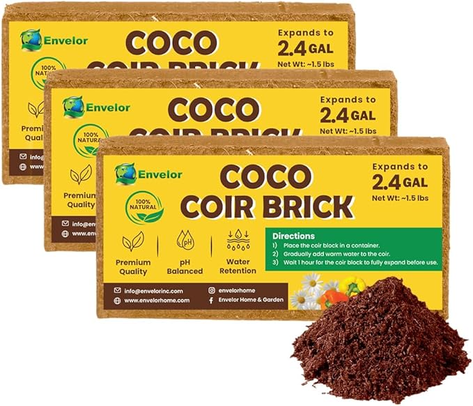 Coco Coir for Plants 3-Pack – 2.4 Gallons Compressed Coconut Coir Bricks, 10 lb. Organic, Low EC, pH Balanced Coco Peat for Indoor & Outdoor Gardening, Potting Soil, Indoor Plant Soil