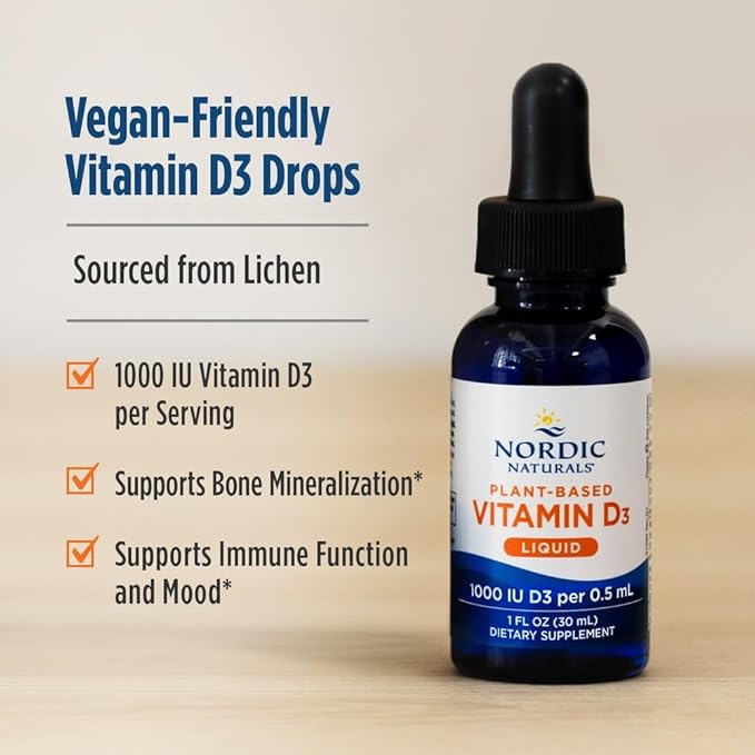 Nordic Naturals Plant-Based Vitamin D3 Liquid - 1 oz - 1000 IU Vitamin D3 - Healthy Bones, Mood & Immune System Function - Non-GMO, Vegan - 60 Servings
