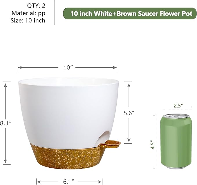 WSMKSZ 10 inch Self Watering Pots, 2 Pack Plastic Planters with Mesh Drainage Holes for Garden Plants, Plants Pots with Deep Reservoir for Indoor Outdoor Plants, White with Brown