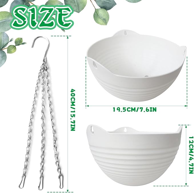 Srmayyi 4 Pack 8 inch Plastic Self Watering Hanging Planters,Round Hanging Basket Planter with Drainer and Metal Chain,White Garden Flower Plant Pot Container for Indoor Outdoor Plants