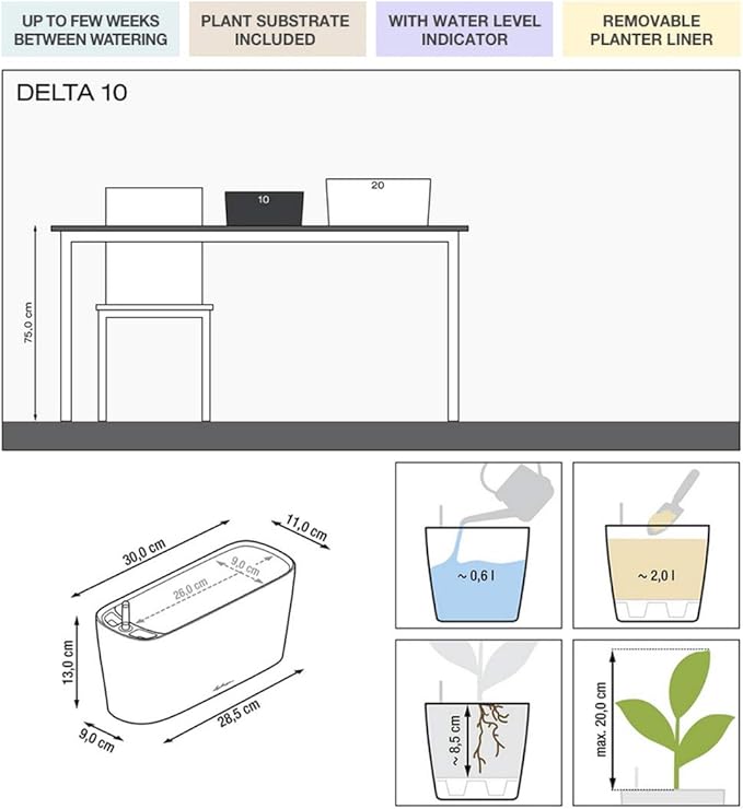 Lechuza Delta 10 Shiny Taupe, Self-Watering Planter Indoor, H5.1 L11.8 W4.3 in