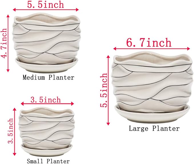 White Ceramic Flower Plant Pots Indoor Garden Plants Containers with Saucers, Set of 3