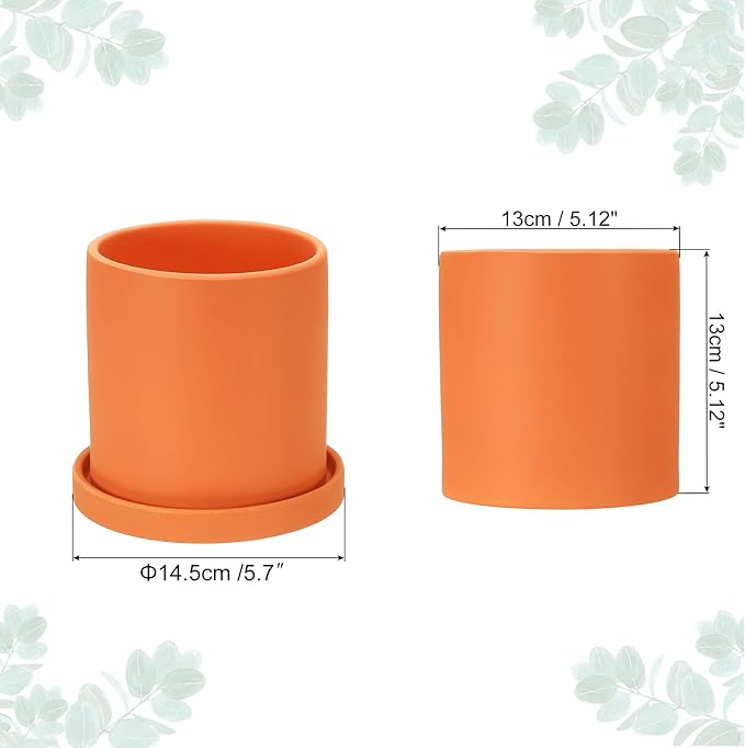 PATIKIL 5 Inch Ceramic Plant Pots, Modern Flower Planters with Drainage Holes and Tray for Decorate Home Indoor Plants Succulent Herb, Orange