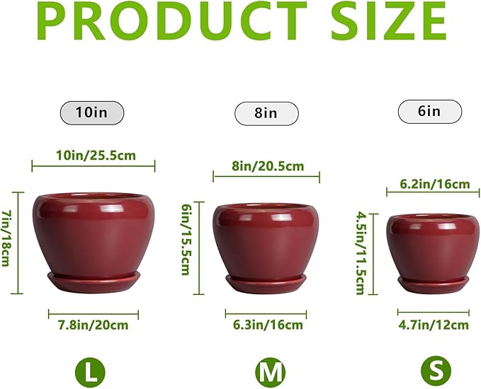 Ceramic Pots for Plants - 10 Inch 8 Inch 6 Inch Plant Pots with Drainage Holes and Saucers Large Planters for Indoor Plants Decorative Outdoor Flower Pots Set of 3 Red