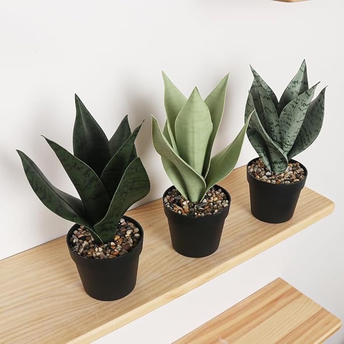 Artificial Snake Plant Artificial Sansevieria Floor Plant Desk Small Fake Plant for Indoor Home Office Decor,Realistic Potted Greenery,10inch (Three pcs.Dark Green,Dark Gary,Light Green)