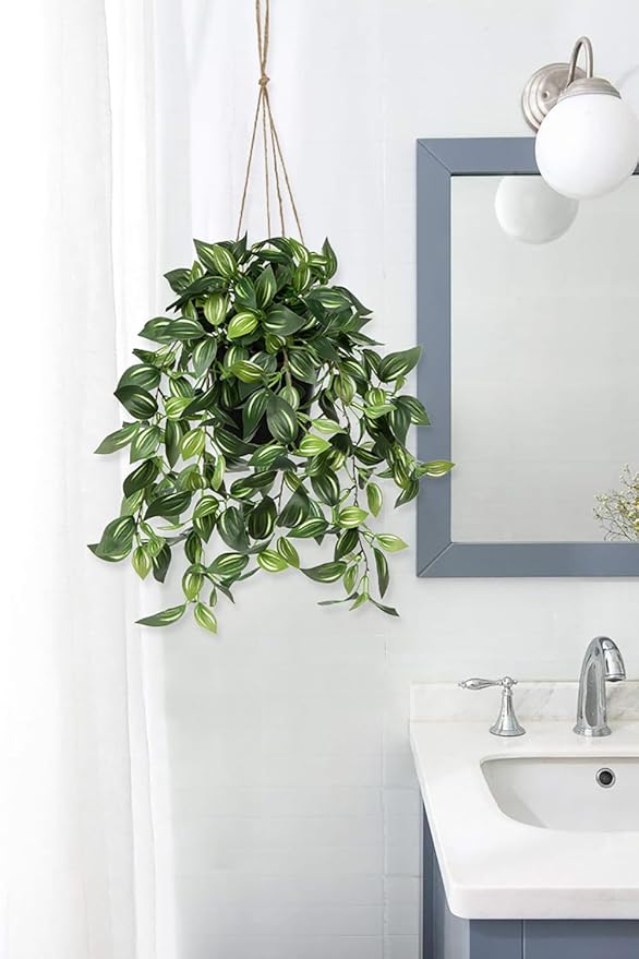 Briful Artificial Hanging Plants in Black Pot 17.7" Lifelike Trailing Faux Watermelon Peperomia Silk Plant with Cascading Green Leaves Fake Hanging Greenery for Indoor & Outdoor Home Garden Décor
