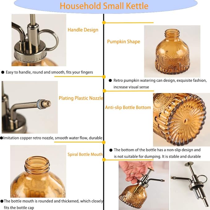 Plant Mister Glass Spray Bottle Small Plant Watering Can 6.4" Tall Retro Indoor Watering Can Bronze Plastic Top Pump for Garden Indoor Plant Sprayer