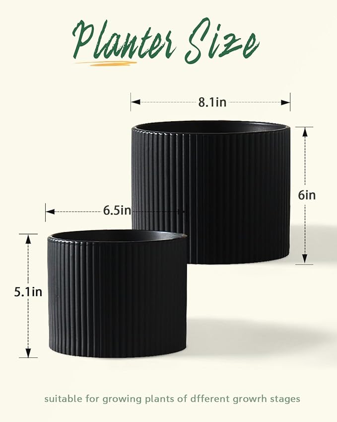 Matte Black Ceramic Plant Pots, 8.1 + 6 Inch Planters for Indoor Plants, Modern Flower Pots with Drainage, Two-Sizes Set