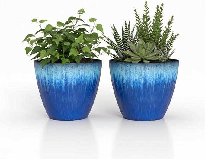 Pack of 2 Flower Pots, Plastic Plant Pots with Drainage Holes, 8 inch Modern Glossy Finishing Planter for Indoor Outdoor Plants (Blue Glaze, 2 Pack)