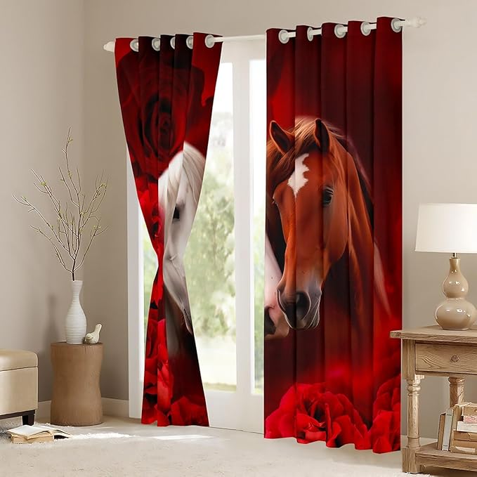 Brown White Horse Blackout Curtains,3D Farm Animals Western Curtains & Drapes,Southwestern Wildlife Window Treatments 2 Panels 42"Wx84"L,Red Rose Flower Window Curtains Nature Safari Themed Decor