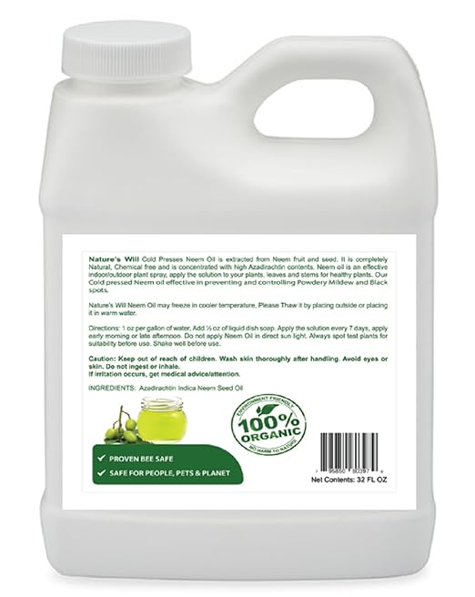 Nature's Will 100% Pure Organic Neem Oil, Cold Pressed and Unrefined, Water Soluble Concentrated, Non-GMO for Indoor and Outdoor Plants and Vegetable (32, Ounces)