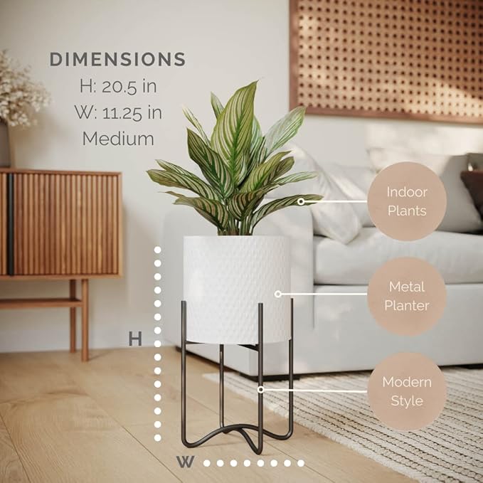 EverNest Claire Mid-Century Modern White Plant Pot with Ambrose Stand, SelectBase, Indoor Plant Pot, Bohemian Style, Minimalist Plant Home Décor (Medium, Black)